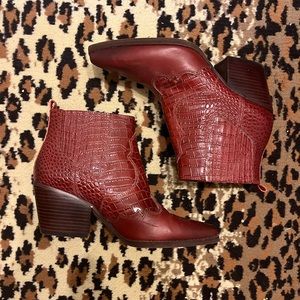 Red snakeskin booties